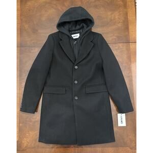 DKNY Mens Medium Wool Blend Trench Coat With Removable Hood Black MSRP $295